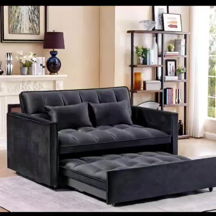 54Inch Black Velvet 3 in 1 Convertible Sleeper Sofa Bed, Futon Couches for Living Room with Side Pocket | Adjustable Backrest | Velvet Fabric | Pull Out Couch | Love-Seat Sofa | Sectional Sofa Bed | 2-Seat Sofa Bed