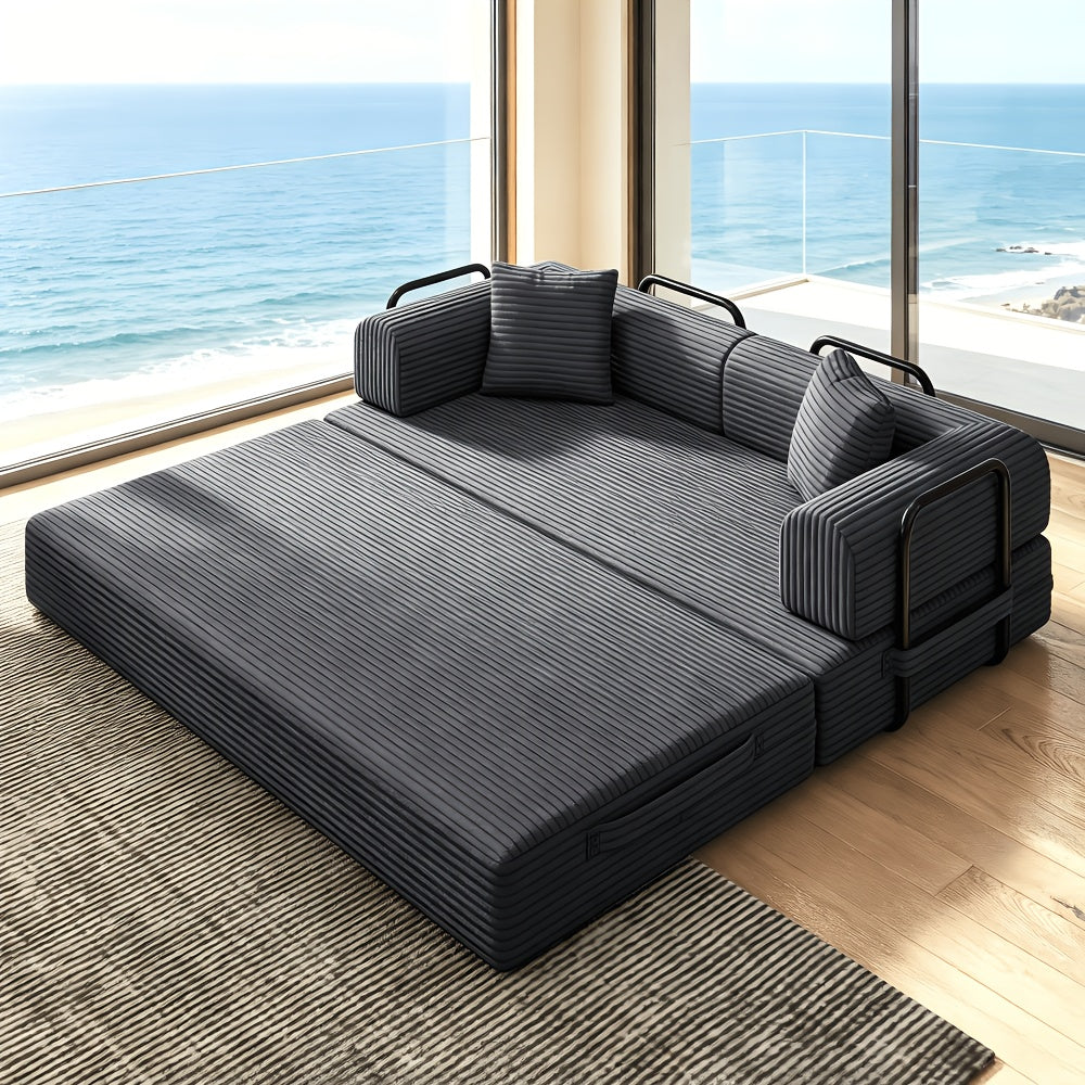 81"Convertible Floor Sleeper Sofa Bed - 3-Person Space-Saving Love Seat with Pull-Out Bed, Corduroy Boneless Compression Memory Foam, Comfy Lounge Couch for Living Room, Bedroom, Apartment, Office, No Assembly Required
