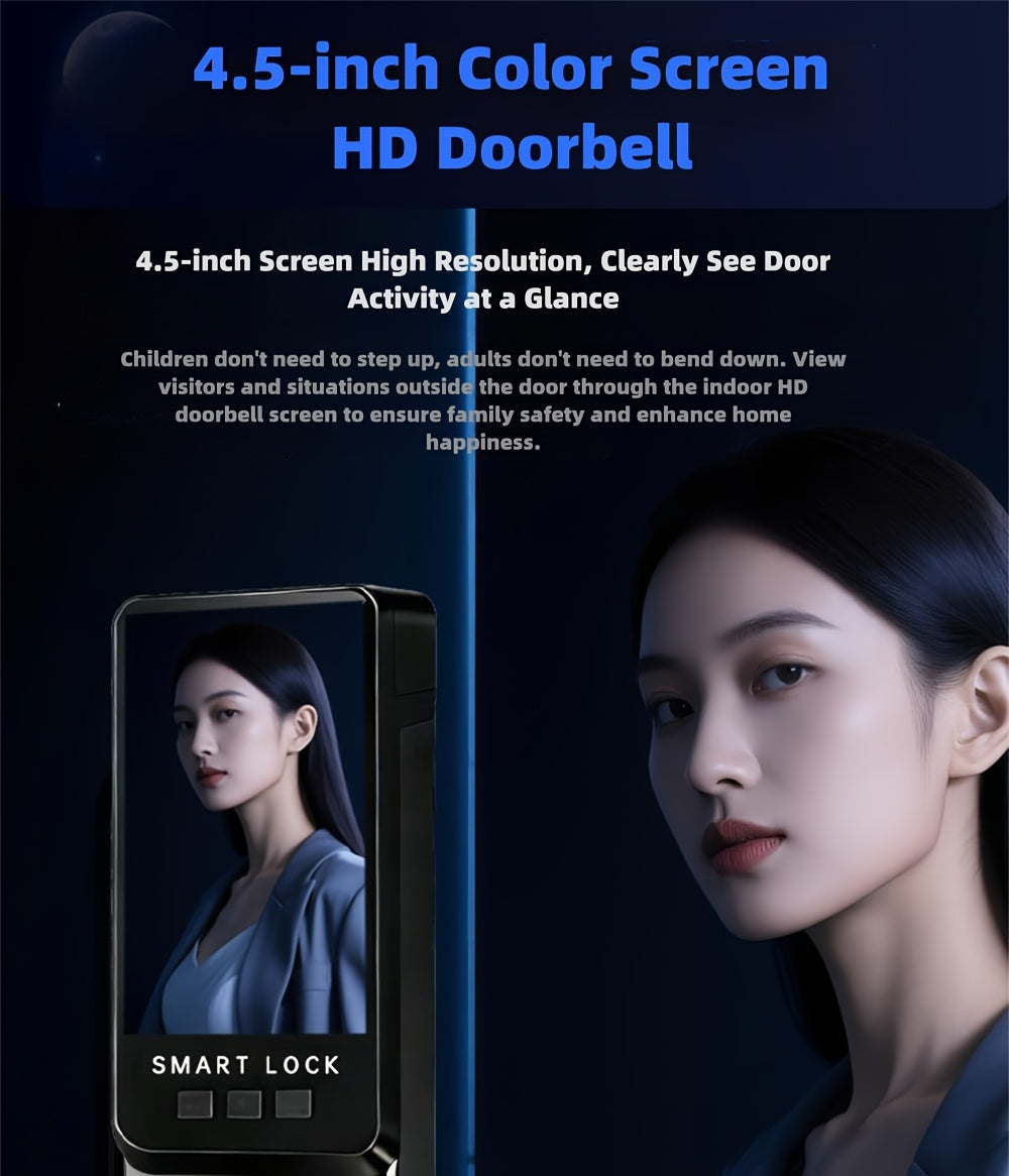 Modern AI Smart Lock with 3D Facial & Fingerprint/Palm Vein Biometric Entry, Keyless Door Lock Suitable for Home/Office, Remote Video Intercom System, Mobile App, Password/Key Entry, Smart Door Lock for Apartments