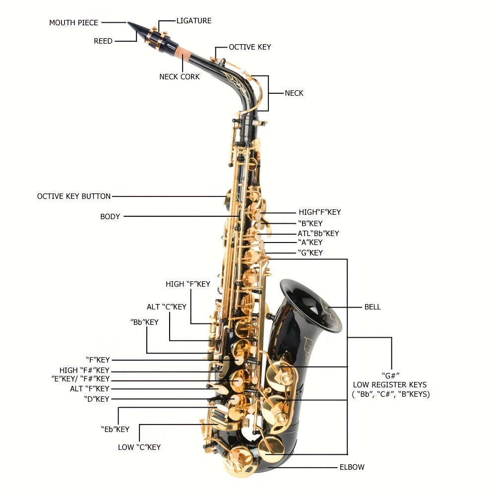 Glarry Mid-range Alto Drop E Lacquered Golden Saxophone, with Carve Patterns, Brass Material, Stylish Appearance, Kit with Hard Case, Cleaning Tools, for Beginner, All Experiance Level, Festival/ Birthday Gift for Music Lover