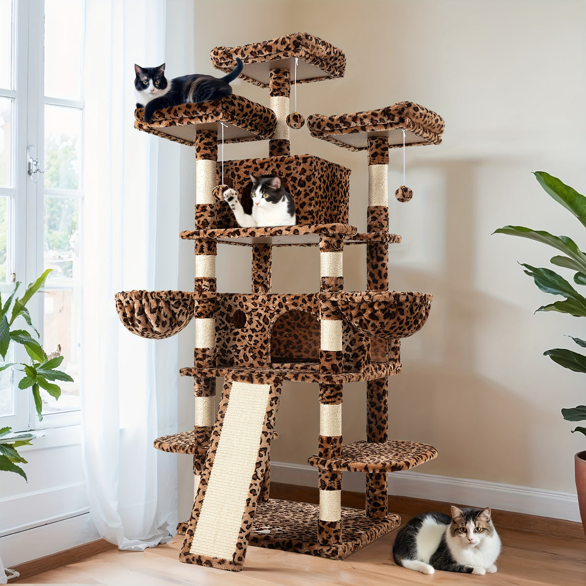 HOOMIC 68-Inch Multi-Level Cat Tree Tower for Large Cats/Cat Condo/Cozy Plush Cat Perches/Sisal Scratching Posts/Baskets/Wide Base Board/Cat Activity Center/Dark Grey/Grey/Beige/Pink/Leopard Print