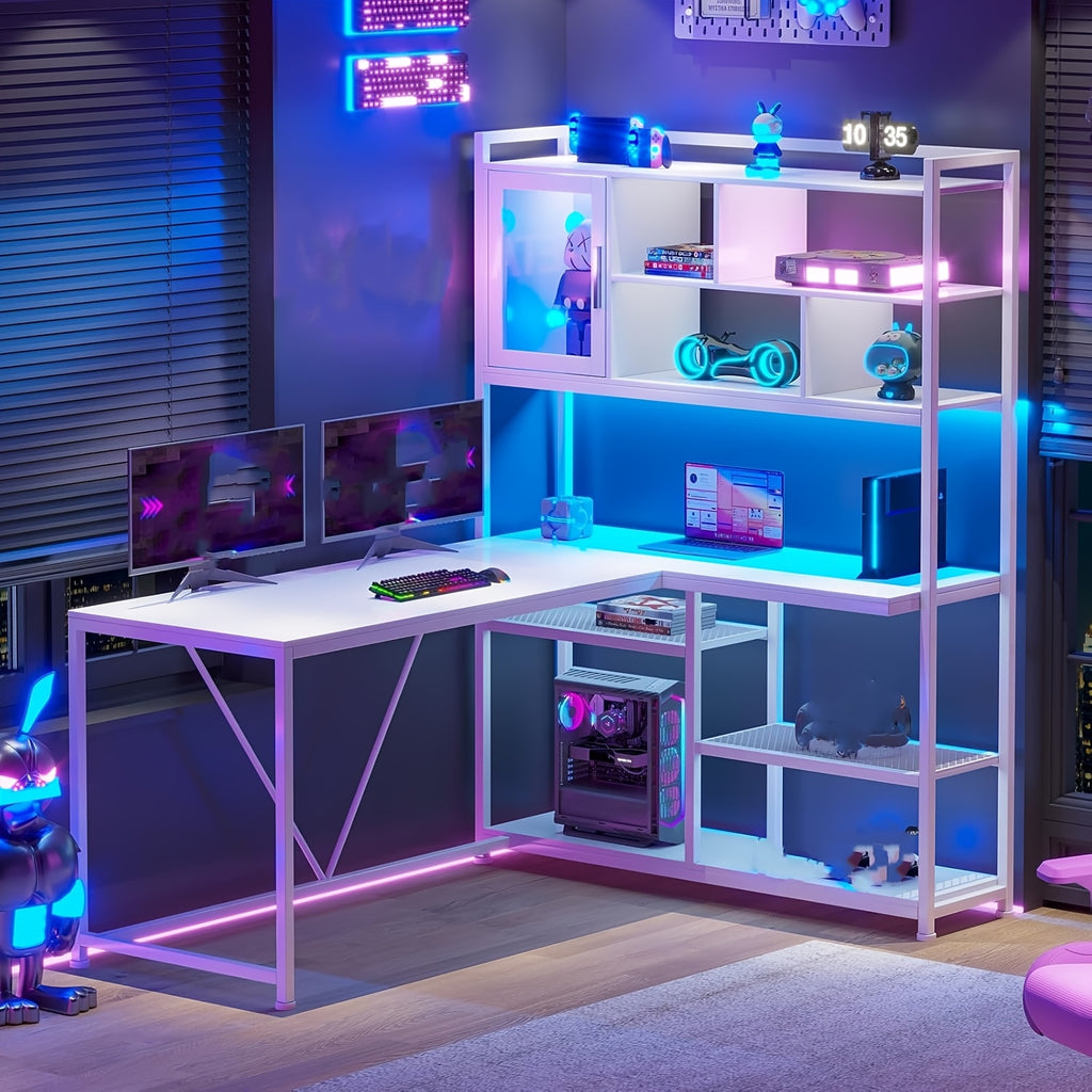 L-Shaped Computer Desk, Reversible 58-Inch Corner Workstation with 7-Tier Shelves and RGB LED Lighting