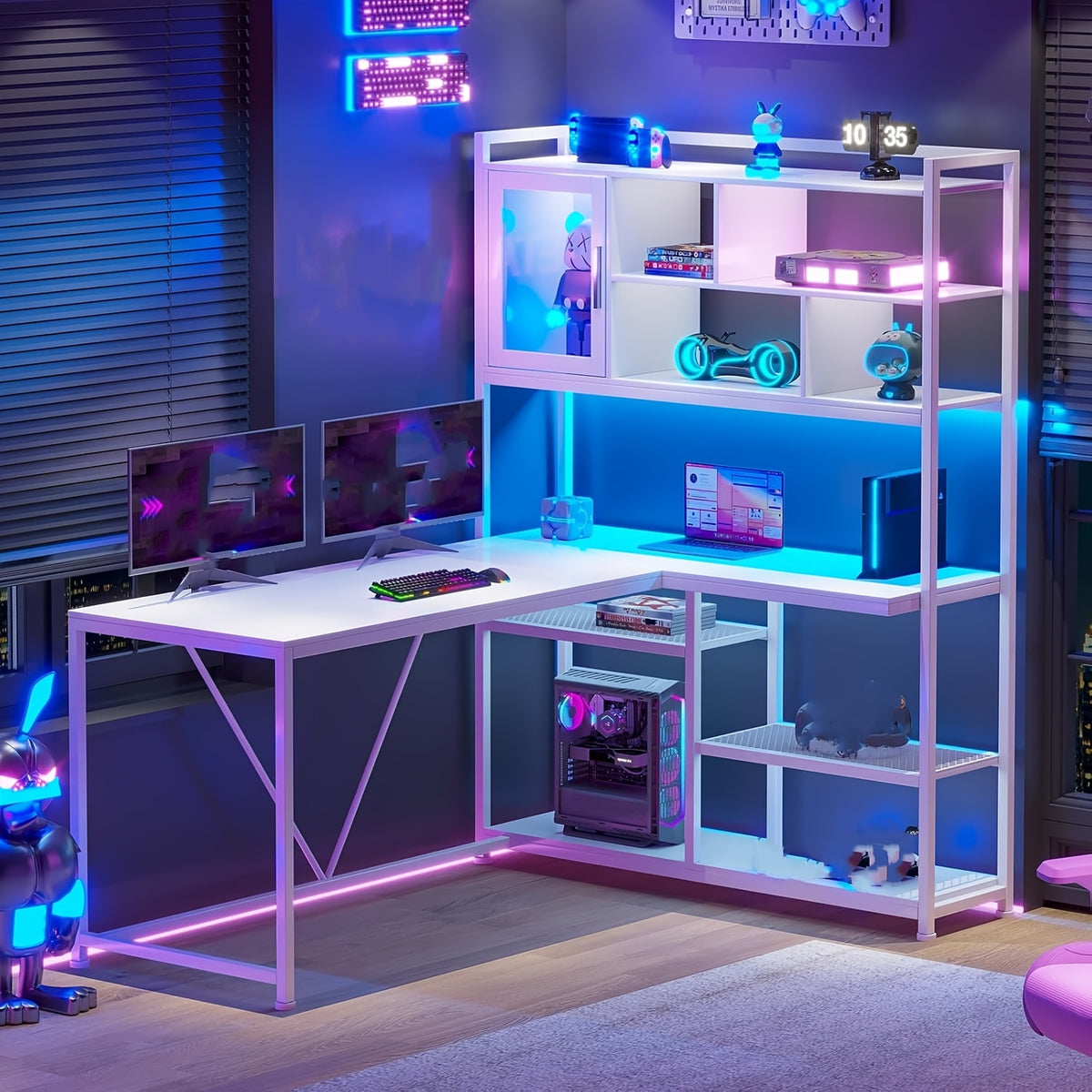 L-Shaped Computer Desk, Reversible 58-Inch Corner Workstation with 7-Tier Shelves and RGB LED Lighting