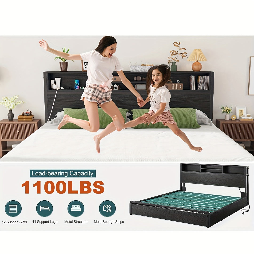 Queen/King Size Bed Frame with 6 Storage Large Drawers Forbedroom, Modern Bed Frame And Open Storage Headboard with Fast Charging Station, No Noise, No Box Springs Needed, Black, Easy Assembly, 2pcs Nightstand with 4 Fabric Drawer Sold Separately