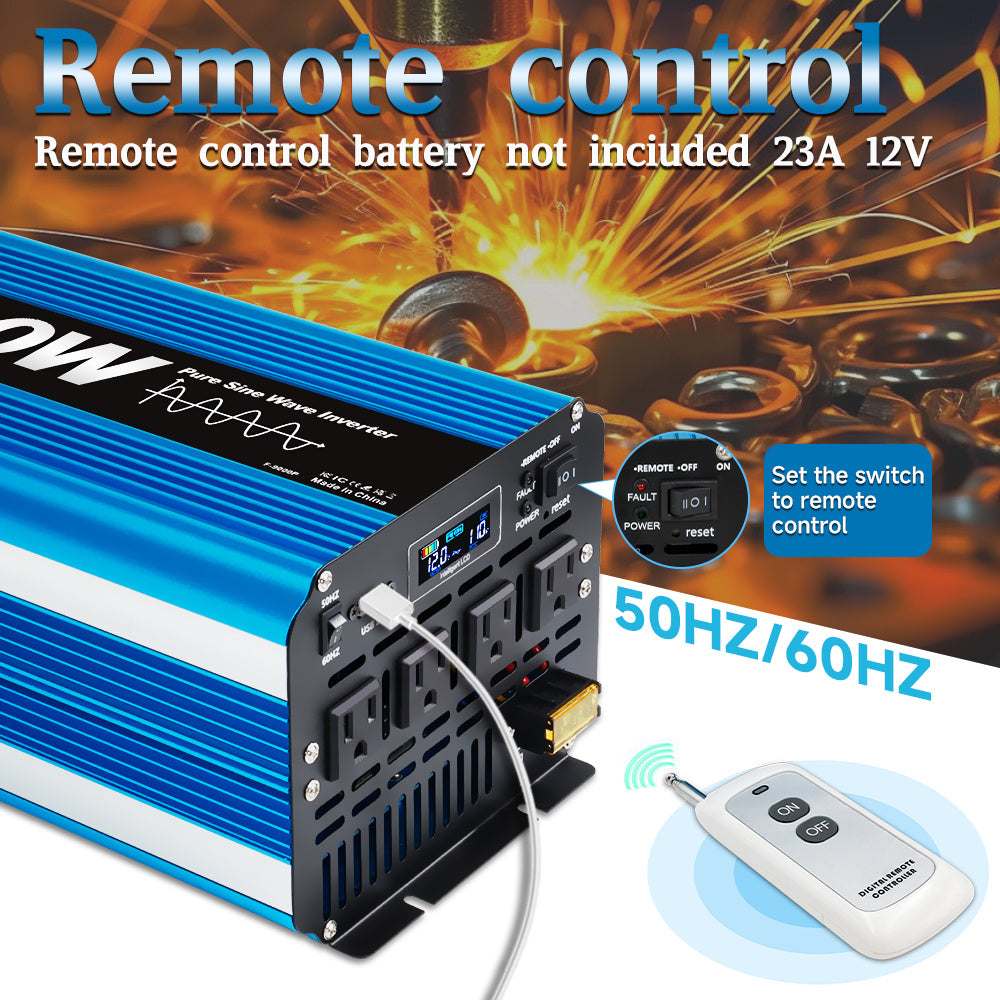 Pure Sine Wave Inverter 10000W (Peak)Car Power Inverter Efficient 12V DC To 110V 120V AC With LCD Display And Remote & Troubleshooting, 4 US Sockets For Vehicles Car Chargers For Home Solar System RV Vans, Without Battery