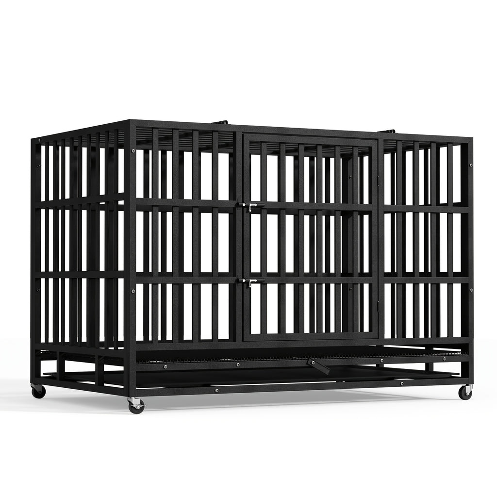 48inch Extra Large XXL Heavy-Duty Dog Crate - Double Door, Escape-Proof, Wheels, Removable Tray - Easy Cleaning Design For Large Breeds