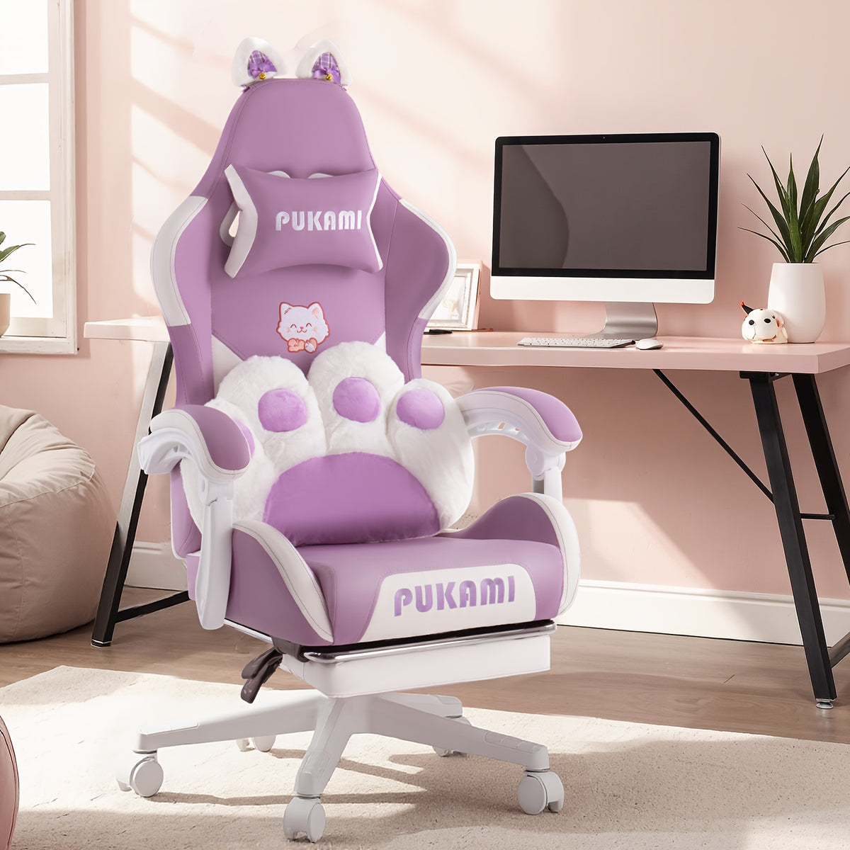 Adorable Pink Gaming Chair Featuring Cat Ears And a Paw-Shaped Lumbar Cushion, Designed Ergonomically For, Complete with a Footrest And Headrest, Providing a Cozy Reclining Experience for Both Adults And Teens