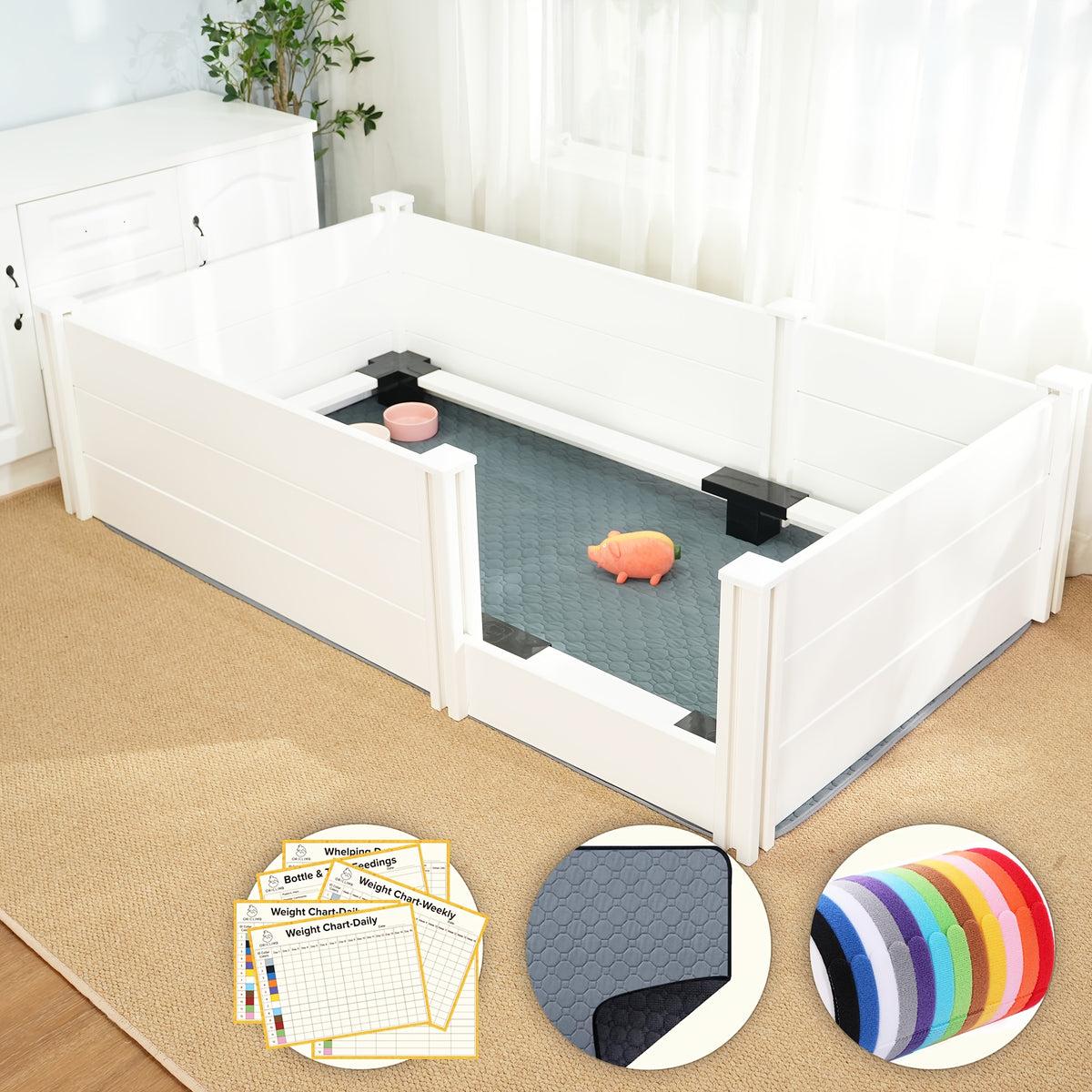 Dog Whelping Box Roslaemic 2-Room Design with Rails for Large and Extra-Large Dogs, White 96 x 48 x 19 in