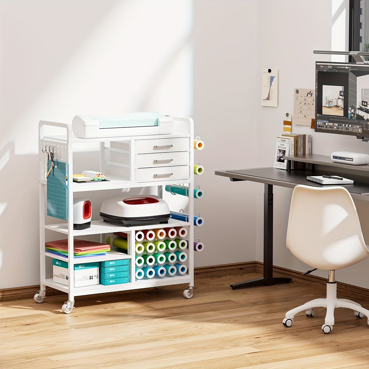 Craft Cart And Organizer Table Compatible - Rolling Storage Cart/Shelf with 20 Vinyl Roll Holders, 3 Fabric Drawer, Accessories Holder, Tool Hook for Craft Room Home, Office, Storage Cabinets
