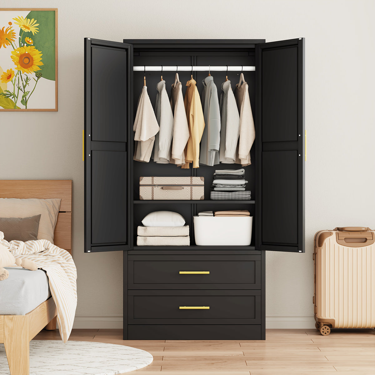 71" Metal Armoire with 2 Doors, Hanging Rod, 2 Drawers And Adjustable Shelf - Clothing Storage Cabinet for Bedroom, Gym, Cloak Room