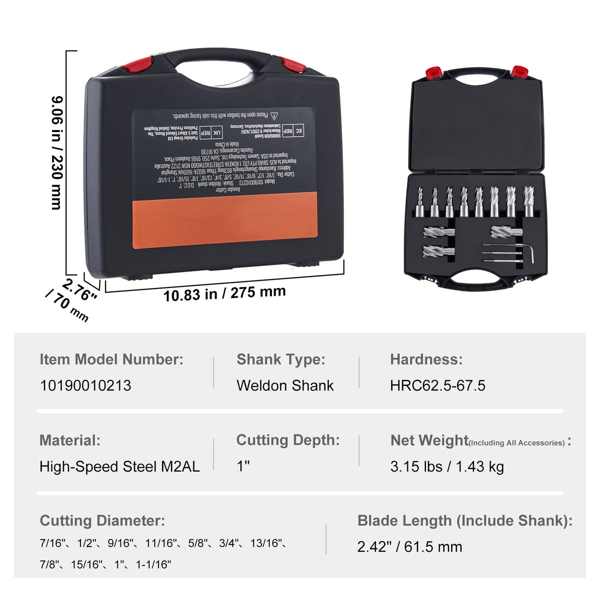 VEVOR Annular Cutter Set, 13 pcs Weldon Shank Mag Drill Bits, 1" Cutting Depth, 7/16" to 1-1/16" Cutting Diameter, M2AL HSS, 2 Pilot Pins, Hex Wrench and Portable Case, for Using with Magnetic Drills