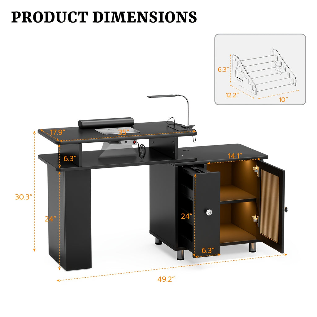 Paddie Manicure Table Nail Desk, Glass Cabinet Door Nail Table Station W/Dust Collector, Removable Acrylic Container, Cabinet And Drawer