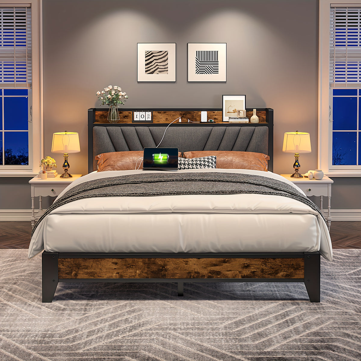 Queen/King Size Bed Frame with 6 Storage Large Drawers Forbedroom, Modern Bed Frame And Open Storage Headboard with Fast Charging Station, No Noise, No Box Springs Needed, Black, Easy Assembly, 2pcs Nightstand with 4 Fabric Drawer Sold Separately