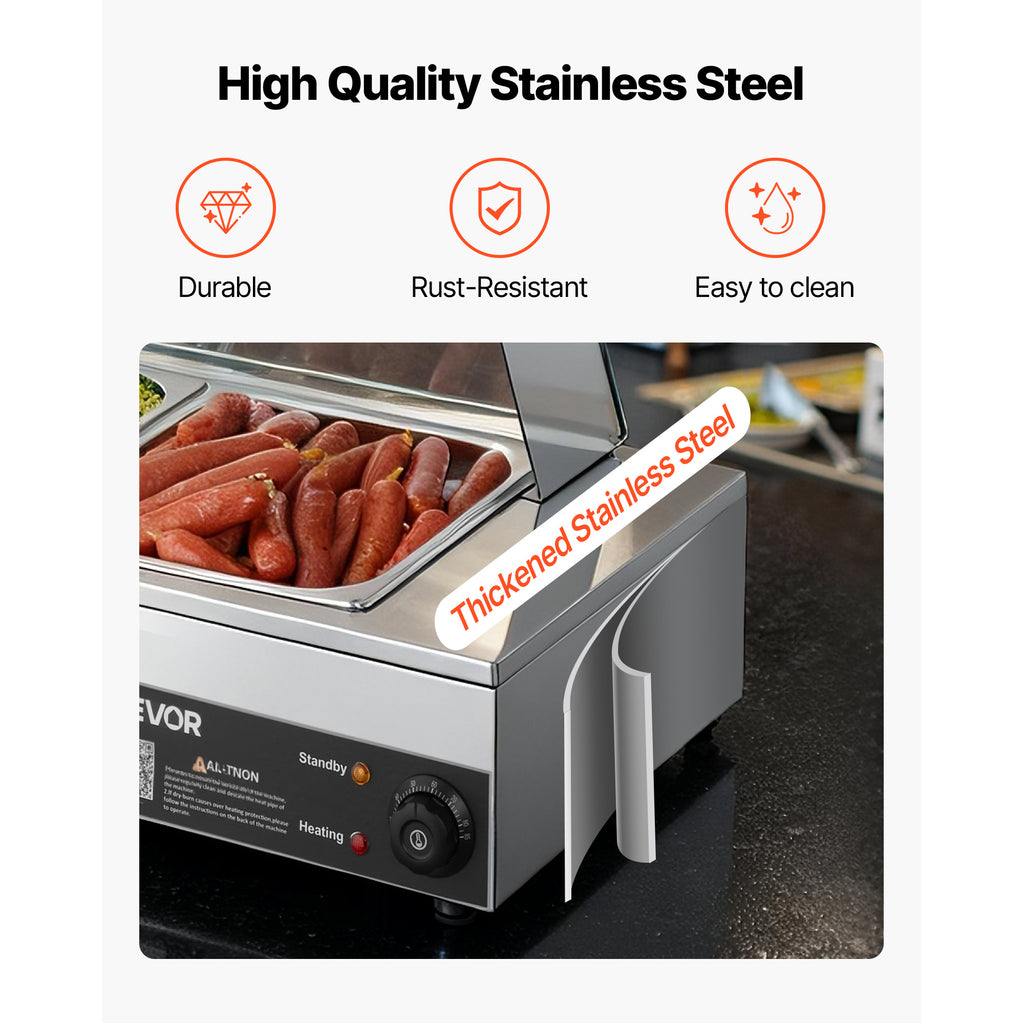 VEVOR Commercial Food Warmer, 1500W Electric Stainless Steel Steam Food Warmer with Glass Cover, Countertop Buffet Bain Marie with Three 1/2 Size / Five 1/2 Size Food Pans, for Catering, Restaurant, Party & Buffets