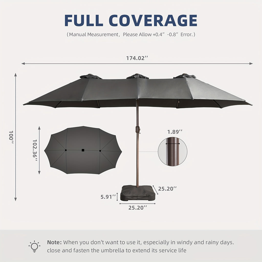15-Foot Double-Sided Patio Umbrella (Base Included), Large Outdoor Market Table Umbrella, 36 Solar-Powered LED Lights, 12 Heavy-Duty Ribs for The Patio Umbrella, Automatic Solar Charging Providing 8 Hours of Illumination, Suitable for Terrace, Deck