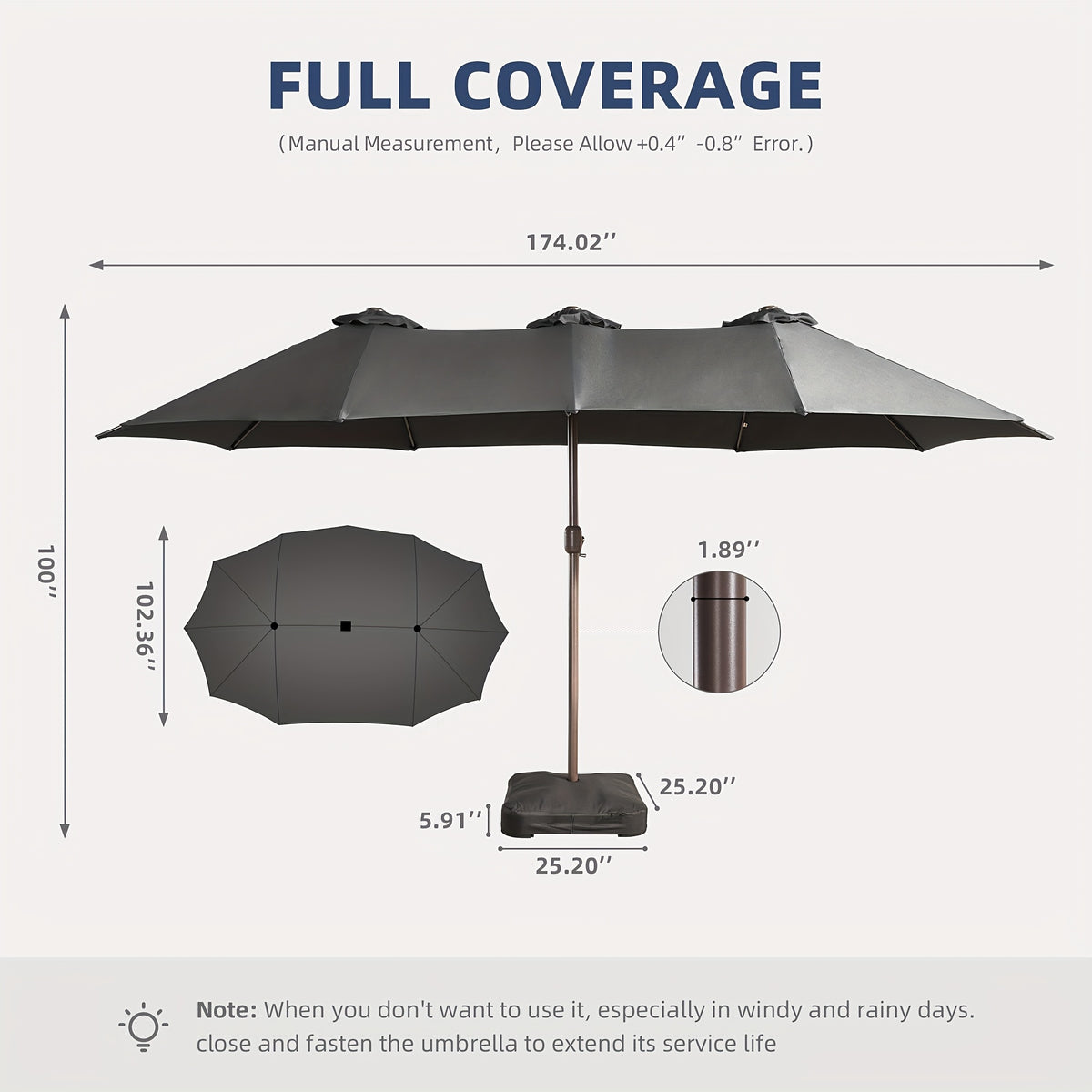 15-Foot Double-Sided Patio Umbrella (Base Included), Large Outdoor Market Table Umbrella, 36 Solar-Powered LED Lights, 12 Heavy-Duty Ribs for The Patio Umbrella, Automatic Solar Charging Providing 8 Hours of Illumination, Suitable for Terrace, Deck