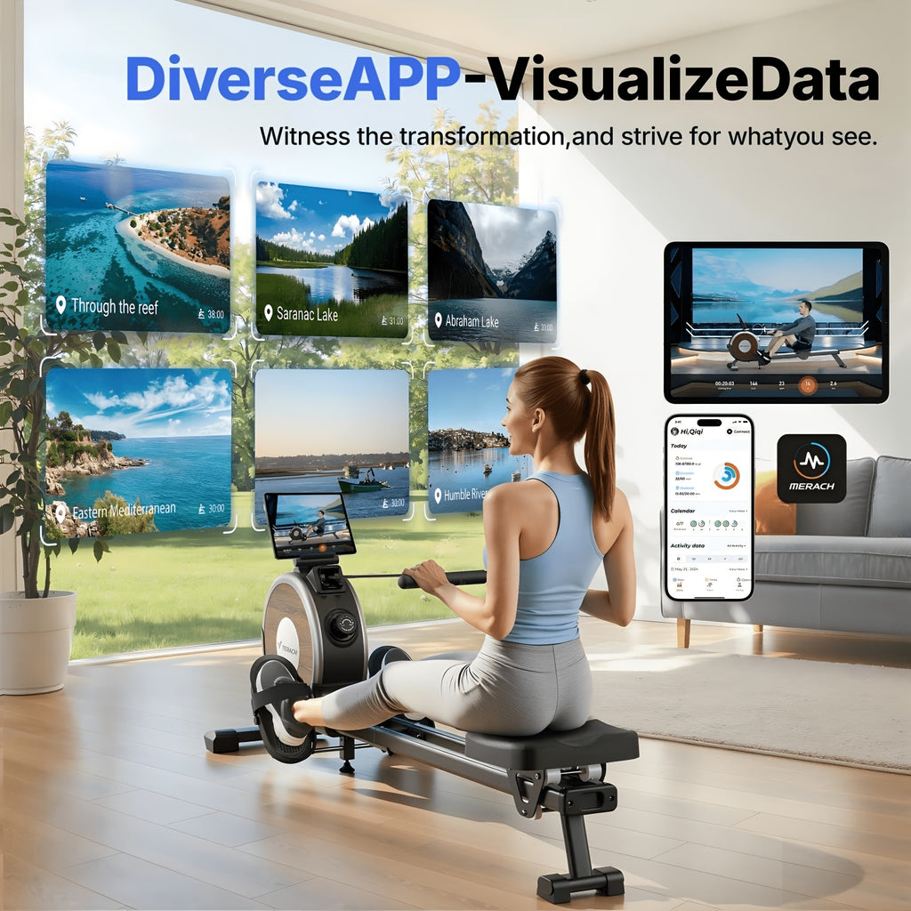 MERACH Home Rowing Machine with Magnetic Quiet Resistance, 16 Adjustable Levels, 350lbs Weight Capacity, Bluetooth App Sync, And Smooth Dual Rails