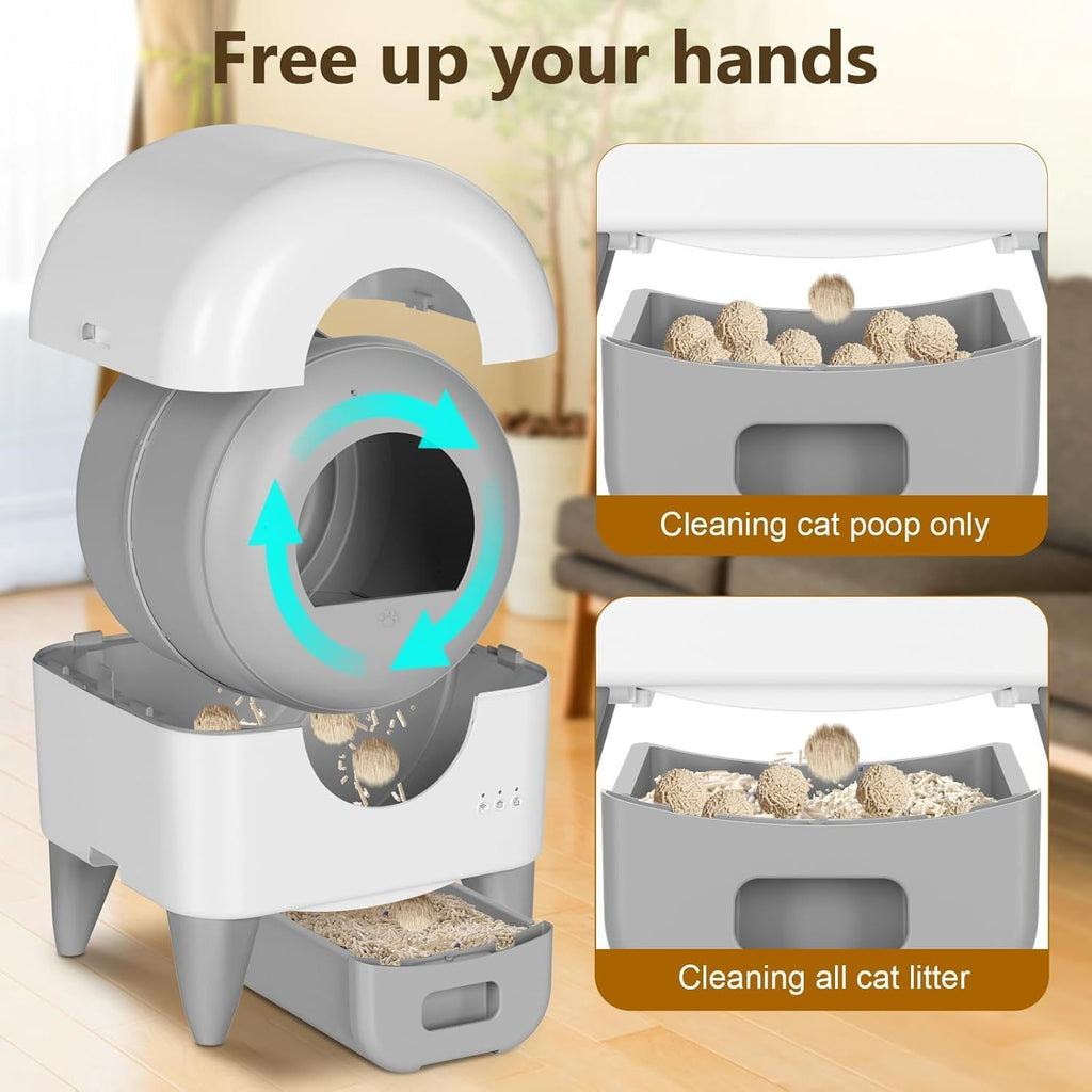 Self Cleaning Litter Box, Large Capacity Automatic Cat Litter Box Self Cleaning for Cats, App Control, Safety Protection, 2 Roll Garbage Bags, White & Grey