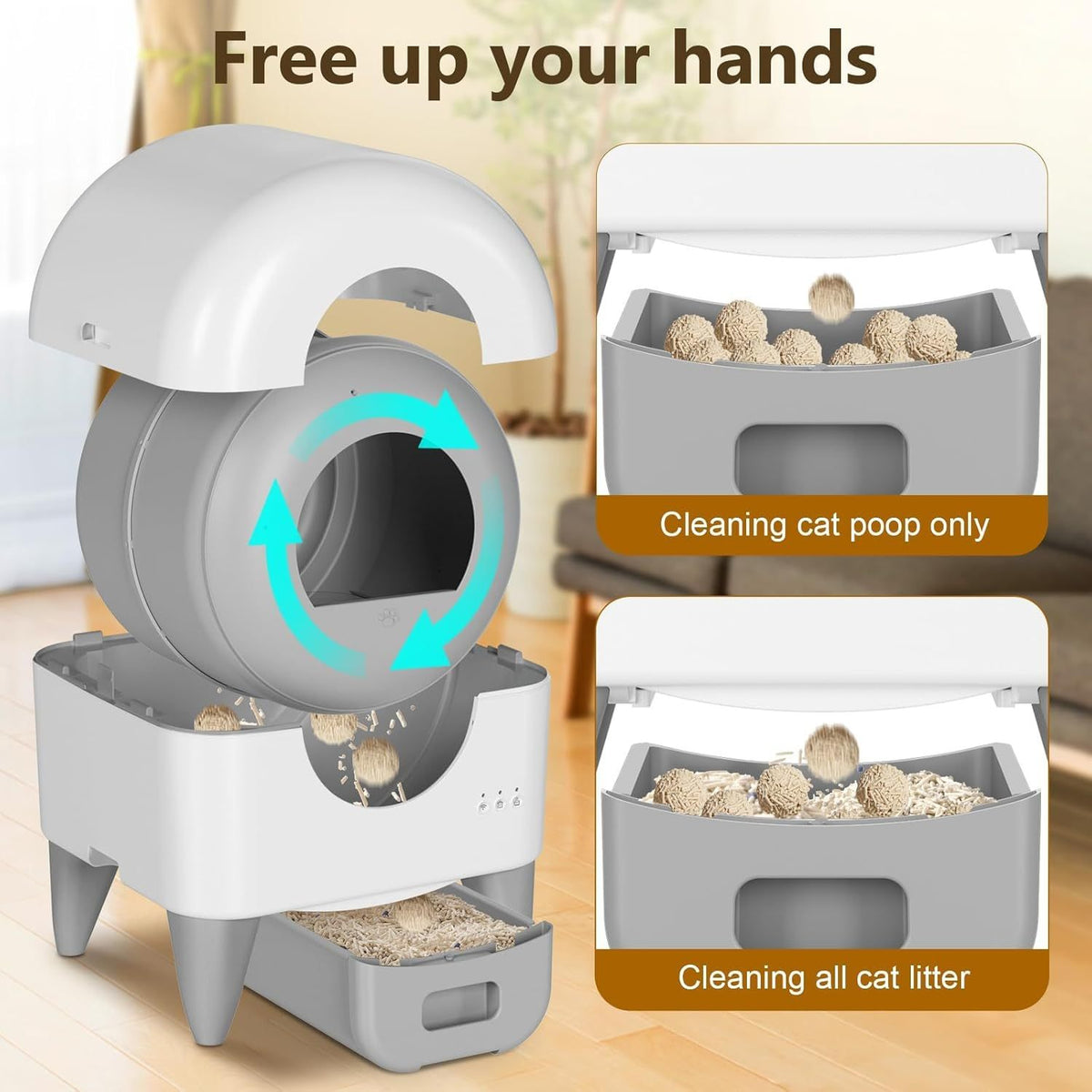 Self Cleaning Litter Box, Large Capacity Automatic Cat Litter Box Self Cleaning for Cats, App Control, Safety Protection, 2 Roll Garbage Bags, White & Grey