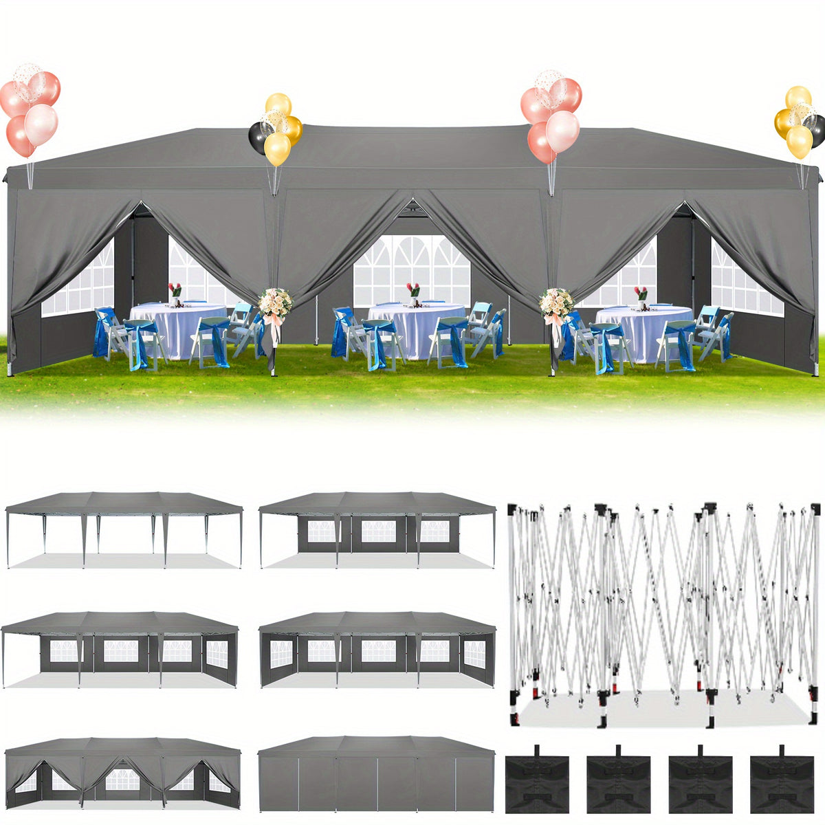 10x30ft/10x20ft Pop-up Canopy Tent, Canopy with 8 Removable Sidewalls, with Sandbags And Carry Bag, Three Adjustable Heights, Perfect for Patios, Lawns And Gardens, Event Parties, Market Stalls