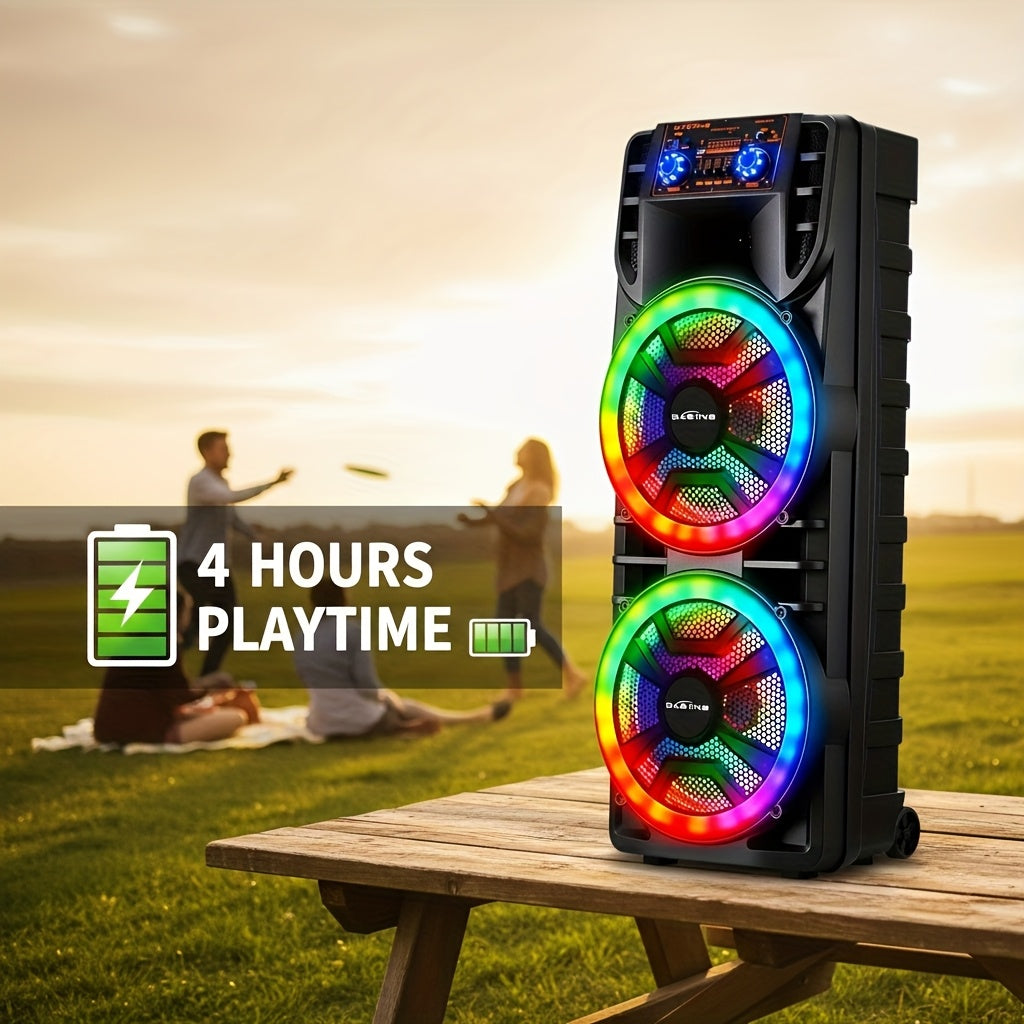 Dual 12" Portable BT Wireless Party Speaker - Powerful Bass, Loud Sound, RGB Light Show, EQ Controls (Treble/Bass/Delay/Volume), Lightweight for Outdoor/Indoor Party Events Karaoke PA System