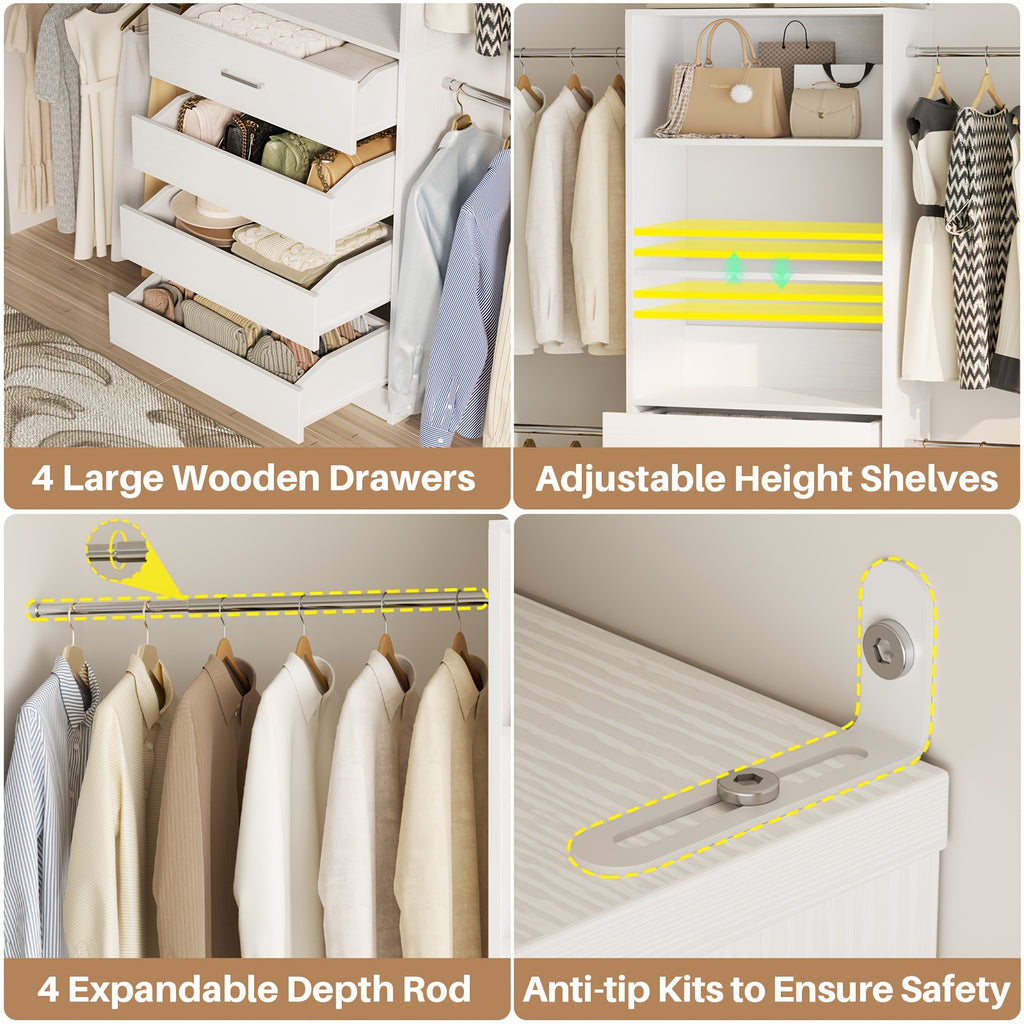 Closet System, Closet Organizer System with 4 Wooden Drawers, Walk-in Closet Wardrobe Clothes Rack with 4 Hanging Rods, Fit for 4-9ft Space, Garment Rack, White, Mounted Closet Systems
