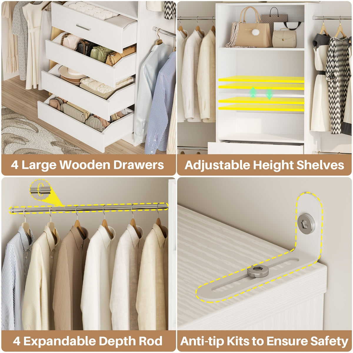 Closet System, Closet Organizer System with 4 Wooden Drawers, Walk-in Closet Wardrobe Clothes Rack with 4 Hanging Rods, Fit for 4-9ft Space, Garment Rack, White, Mounted Closet Systems