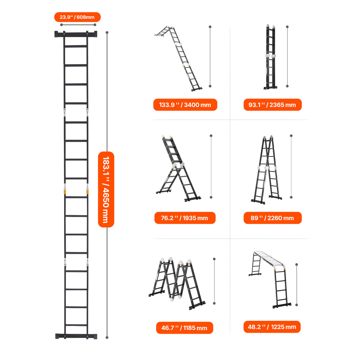 VEVOR Multi-Purpose Folding Ladder 7-in-1 3/4/5 Step 15.5ft with Scaffolding Plank/No accessories