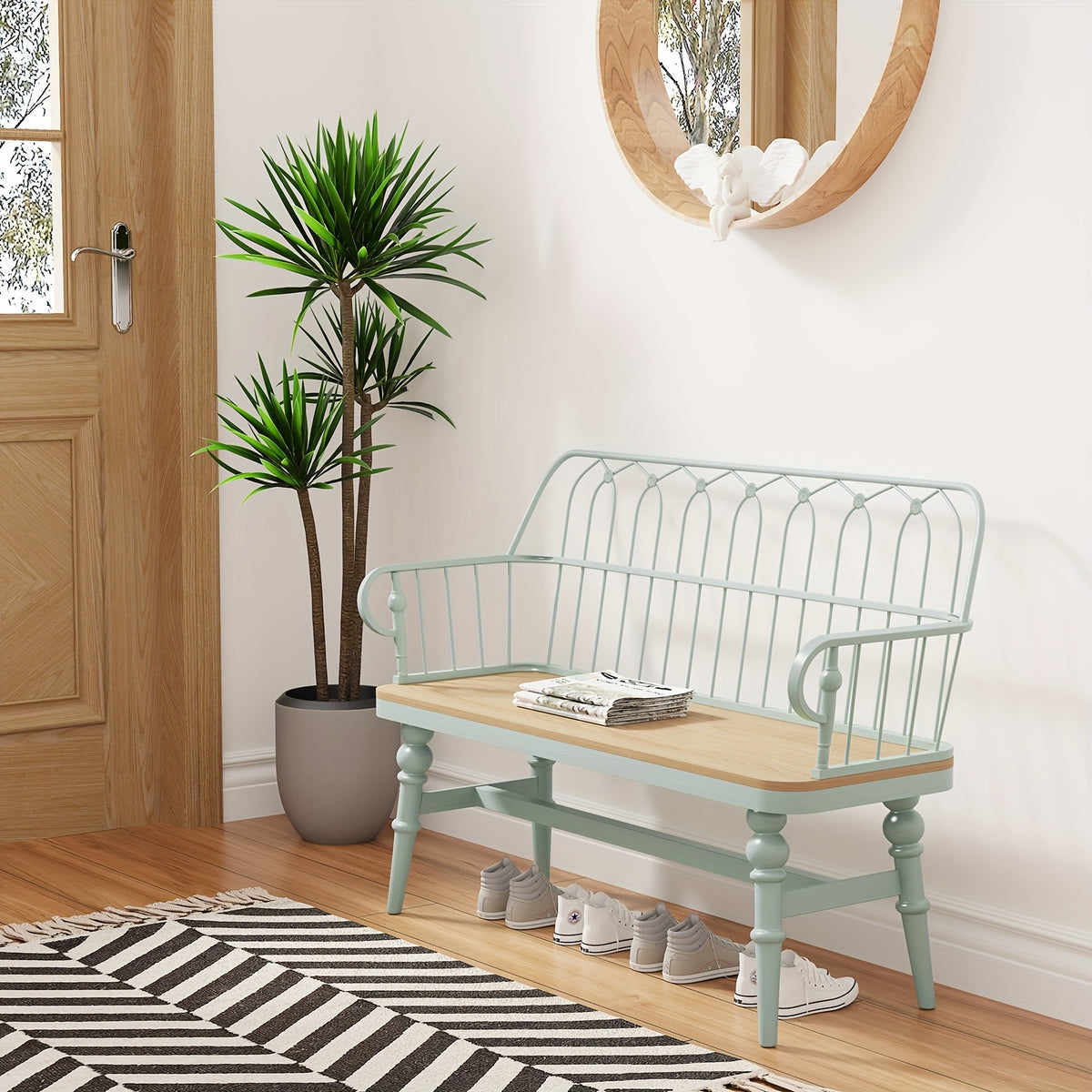 Entryway Bench, Spindle Back Wooden Dinning Bench, Farmhouse Foyer Bench for Entryway, Living Room, Dinning Room, Mudroom, HLR