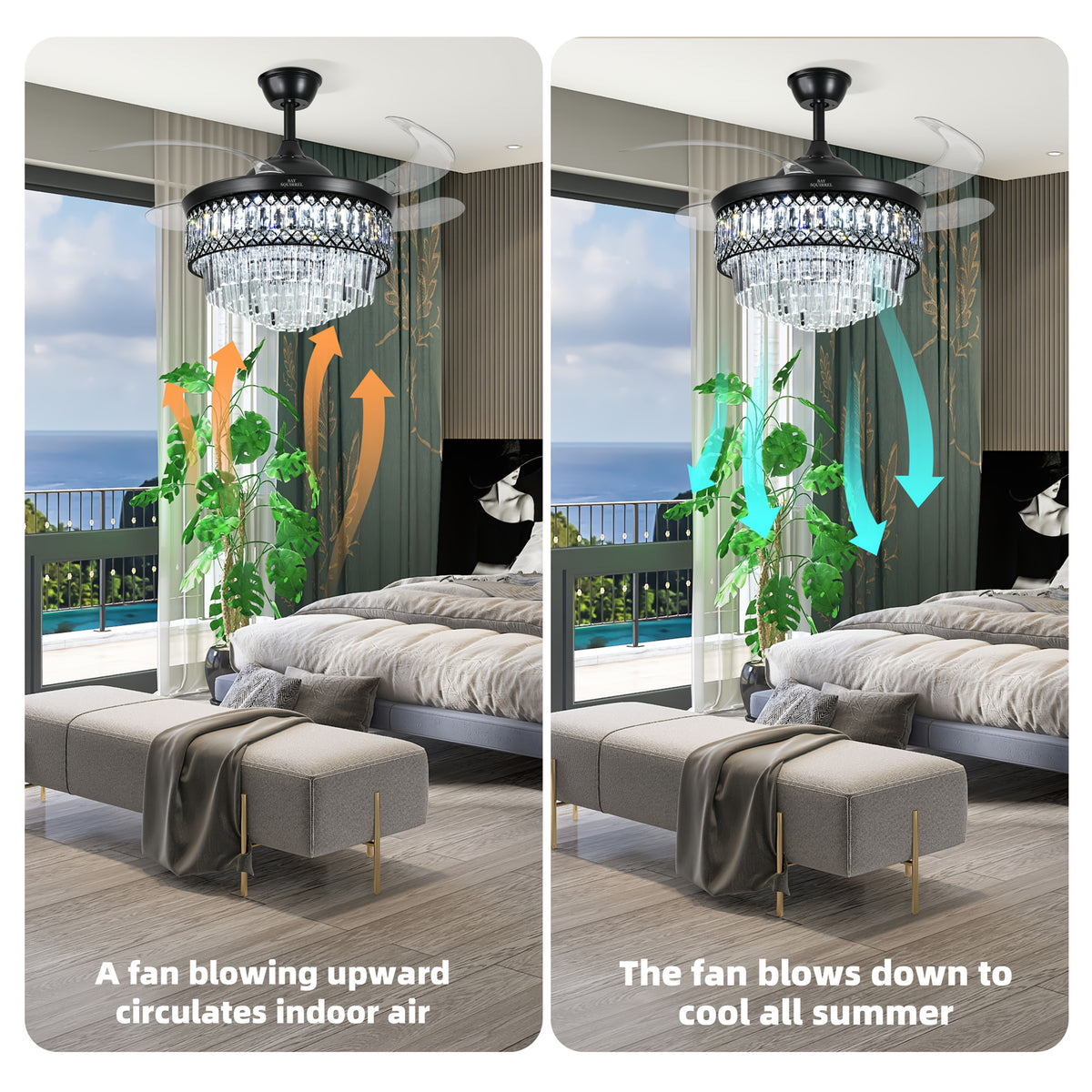 [Smart Ceiling Fan Light] 42" Smart Ceiling Fan Light With RGB Color Changing,, 6-Speed Motor & Dimmable Light Suitable For Bedroom, Living Room, Dining Room, Crystal Chandelier, Memory Function, Voltage Compatible (No Included)