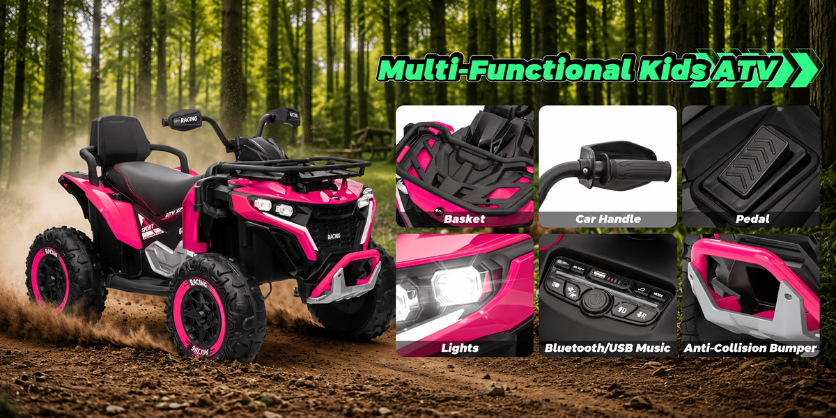 24V Electric Kids ATV Quad, 4WD Off-Road Vehicle, 2-Seater with Leather Seats And Knee Pads, Ride-On for Boys And Girls (/Red//Black) - Ideal Birthday/Christmas/Halloween Gift, 3 Speeds, Remote Control Design