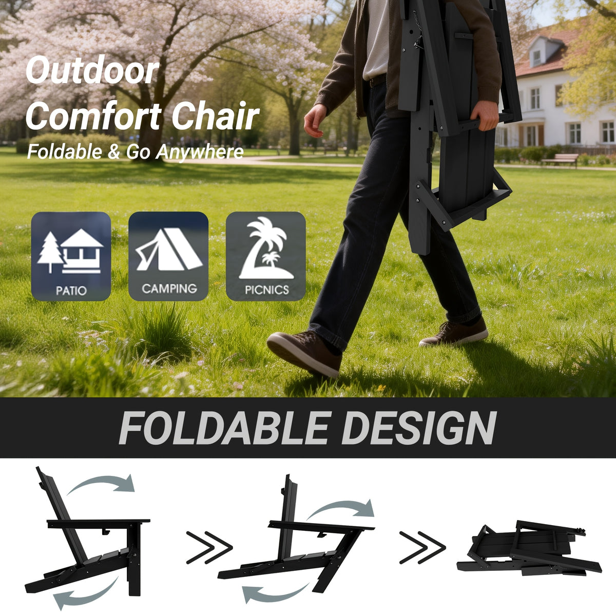 LEASBAR Folding Adirondack Chair Outdoor Fire Pit Chair For Patio Garden Backyard Pool Deck With Phone Holder And Cup Holder, Heavy All-Weather HDPE Comfortable Campfire Chairs Poolside Lawn 1pc, 2pcs, 3pcs(2pcs Chair+1table), 4pcs
