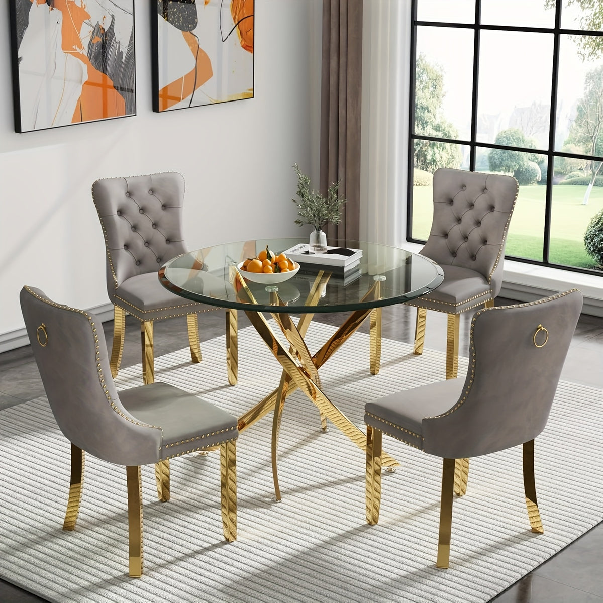 5/3/1pc Round Dining Table Set, Modern Tempered Glass Dining Table With Velvet Dining Chairs, 36" Kitchen Table With Stainless Steel Base For Living Room, Dining Room, Kitchen, Office, Lounge