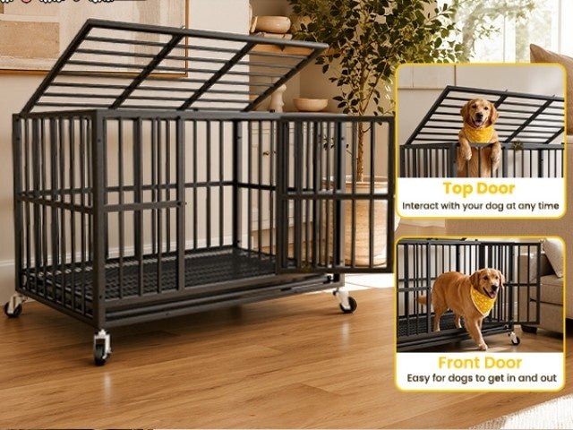 [Indoor Dog Crate] Heavy Duty Simple Version Round Pipe Iron Dog Crate, Indoor Double Door Dog Crate With Wheels With Removable Tray