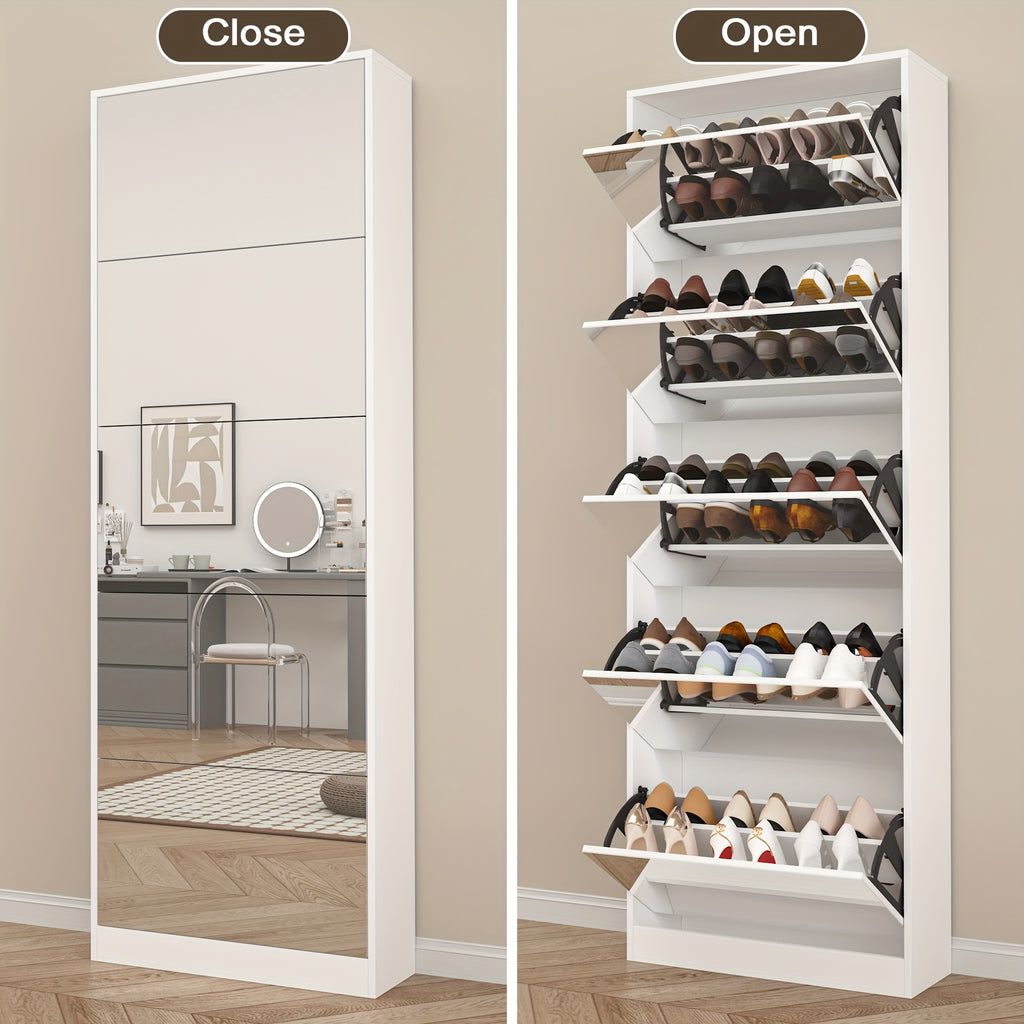 Organizedlife Large Capacity Shoe Cabinet with Full Length Mirror, 5 Flip Drawer Shoe Storage Cabinet, Wooden 2-Tier Shoe Rack Organizer Holds 13-30 Pairs, Slim Tipping Bucket Shoe Cabinet for Entryway, Hallway, Foyer