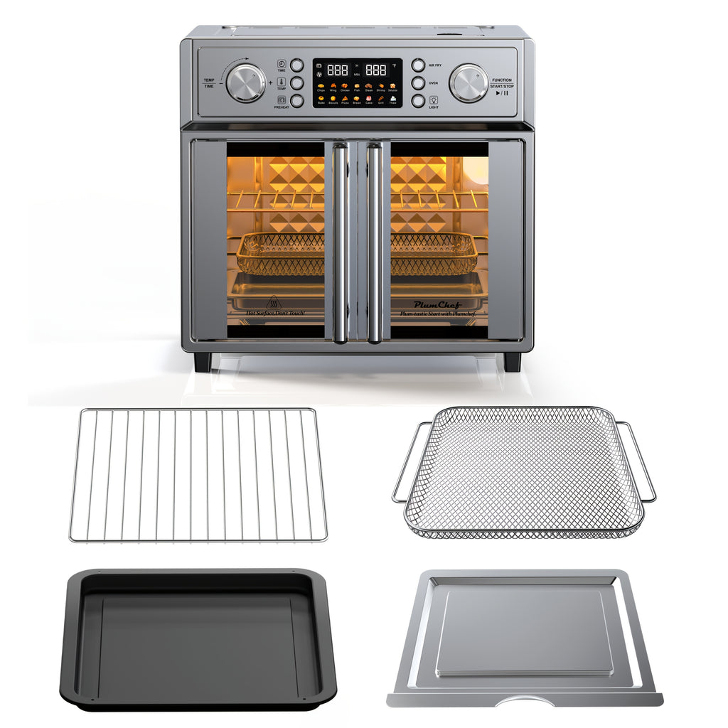 Plumchef 29.5QT Large Capacity French Double-Door Air Fryer Convection Toaster Oven - 1700W, 14 Preset Menus, 7-In-1 Multi-Function (Bake Roast Grill Toast Dehydrate Defrost), Stainless Steel, Silvery