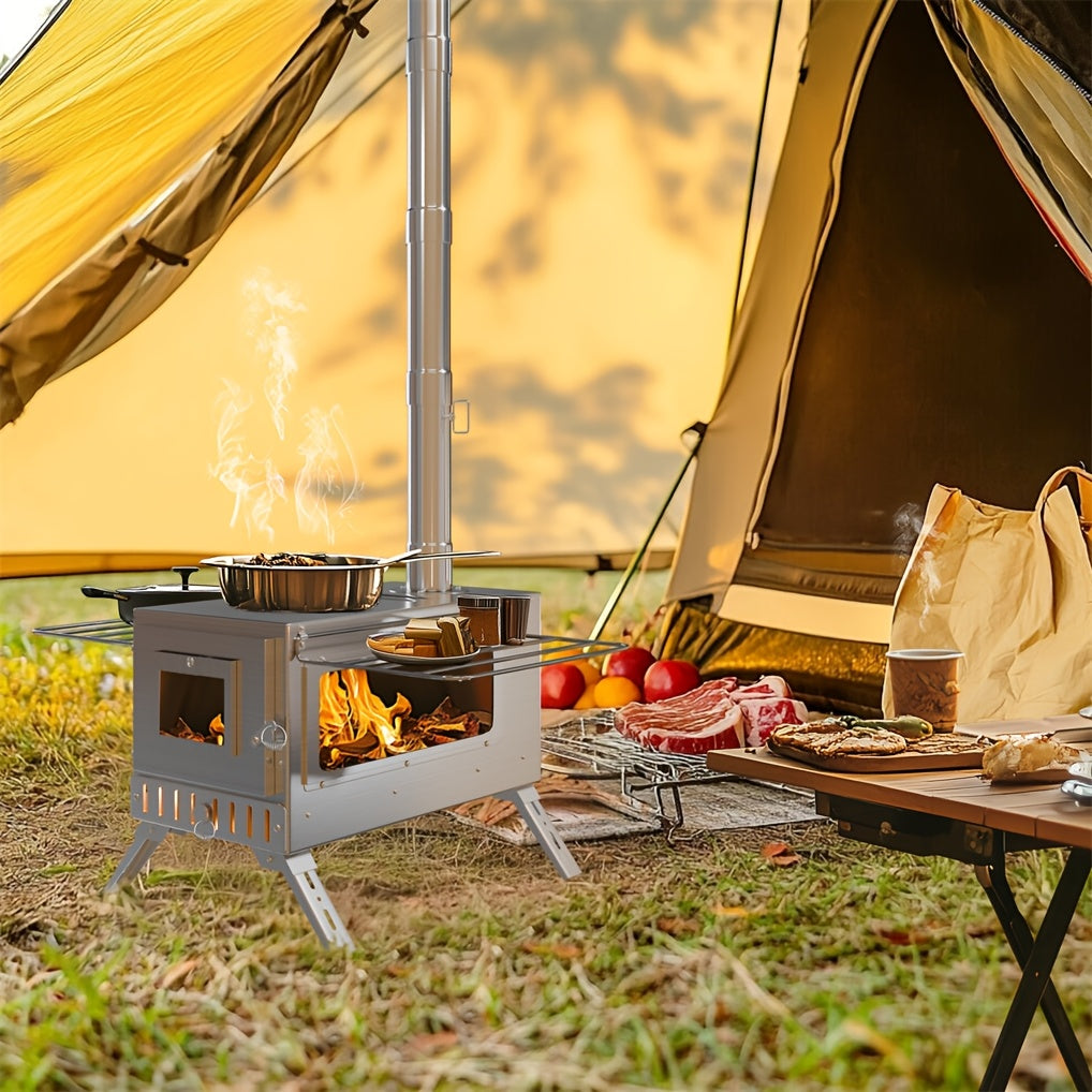 Portable Heavy-Duty Stainless Wood Burning Camp Stove - Outdoor Tent & Backyard Fire Pit with 7 Chimney Pipes, Ash Tool, Carry Bag & Ground Stakes - Adjustable Height, Fire-Resistant Window, Coal/Charcoal Compatible for Winter