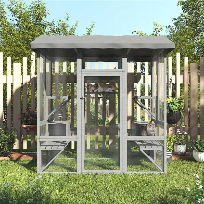 74 Inch Catio Outdoor Cat Enclosure, Large Cat House for Mulitiple Cats Walk In Cat Cage with Cover And Sunshine Panel Roof, Feral Cat Shelter with 7 Platforms And 2 Resting Box