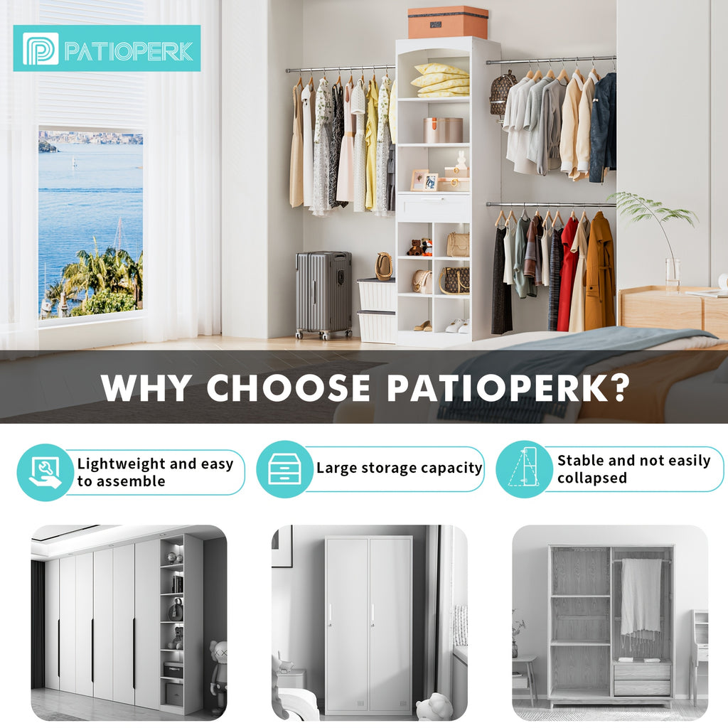 4-8ft Tall White Modern Closet System Organizer Tower with 10 Drawers & Shelves, Heavy-Duty Modular Wardrobe Storage with Hanging Rods, Fits 60-96.7" Walk-In Closets, Assembly (Space-Saving)