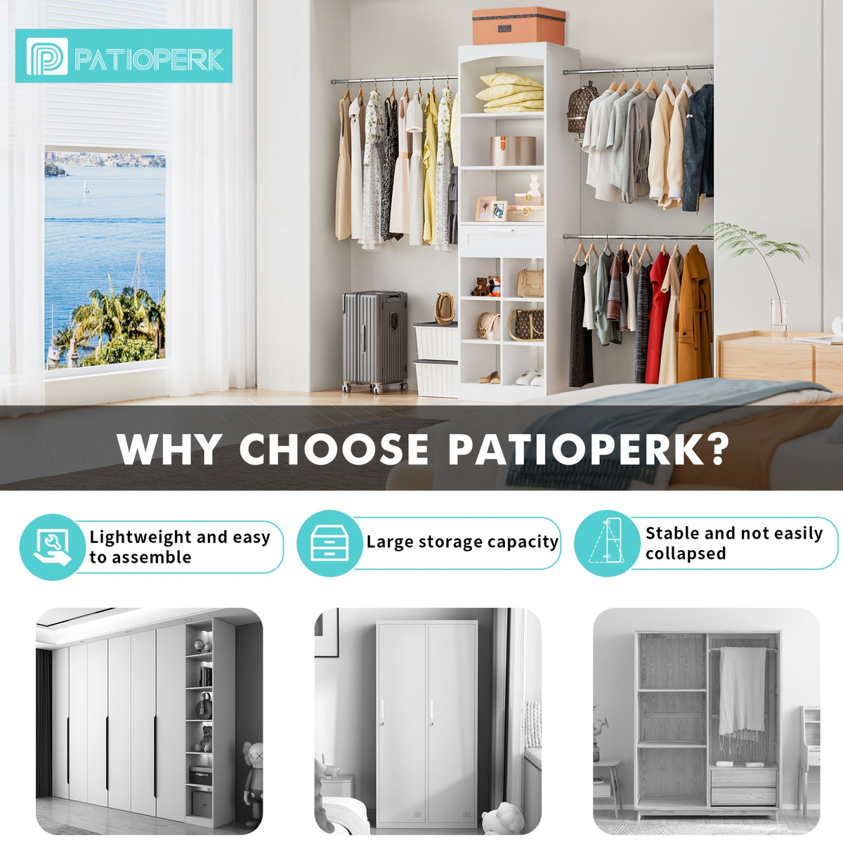 4-8ft Tall White Modern Closet System Organizer Tower with 10 Drawers & Shelves, Heavy-Duty Modular Wardrobe Storage with Hanging Rods, Fits 60-96.7" Walk-In Closets, Assembly (Space-Saving)