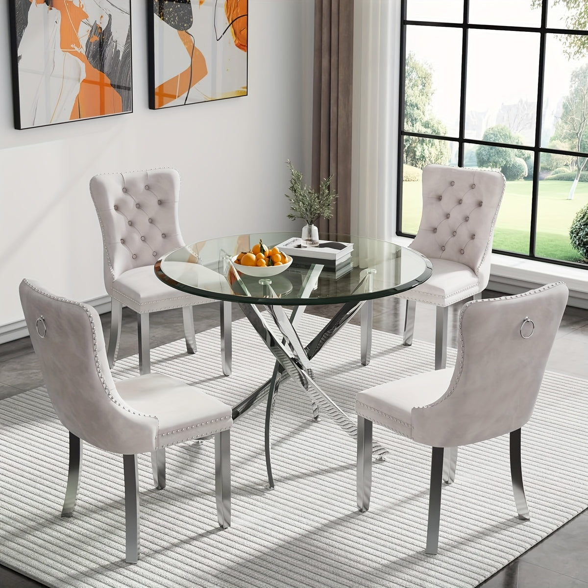 5/3/1pc Round Dining Table Set, Modern Tempered Glass Dining Table With Velvet Dining Chairs, 36" Kitchen Table With Stainless Steel Base For Living Room, Dining Room, Kitchen, Office, Lounge