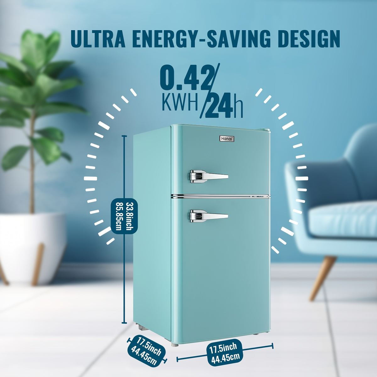 3.8 Cu.Ft Small Refrigerator With Freezer Retro Mini Fridge Two Doors For Home Dorm College Office Freestanding Blue Refrigerator With LED Lights And Glass Shelves