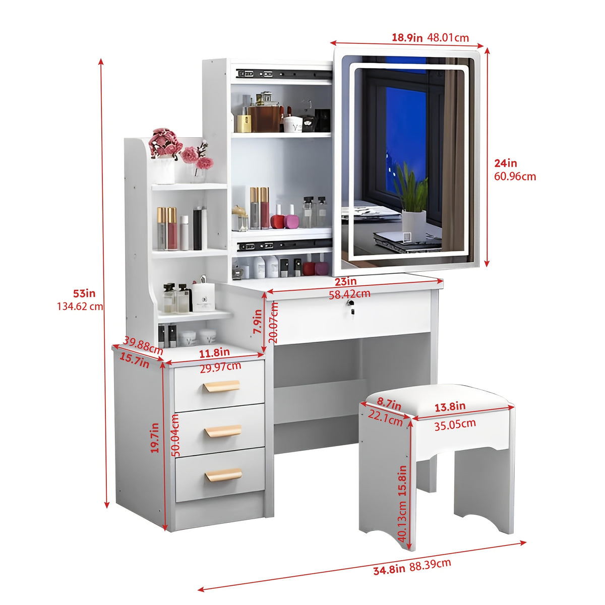 White Dressing Table with Sliding Mirror And Stool 4 Drawers Home High-End Bedroom Dressing Cabinet Integrated Small Apartment
