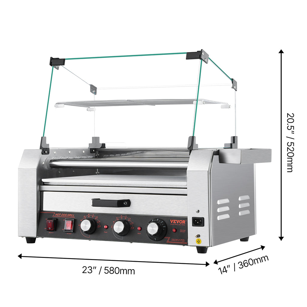 VEVOR Hot Dog Roller 5 Rollers 12 Hot Dogs /7 Rollers 18 Hot Dogs Capacity, Stainless Sausage Grill Cooker Machine with Dual Temp Control Glass Hood Acrylic Cover Bun Warmer Shelf Removable Oil Drip Tray