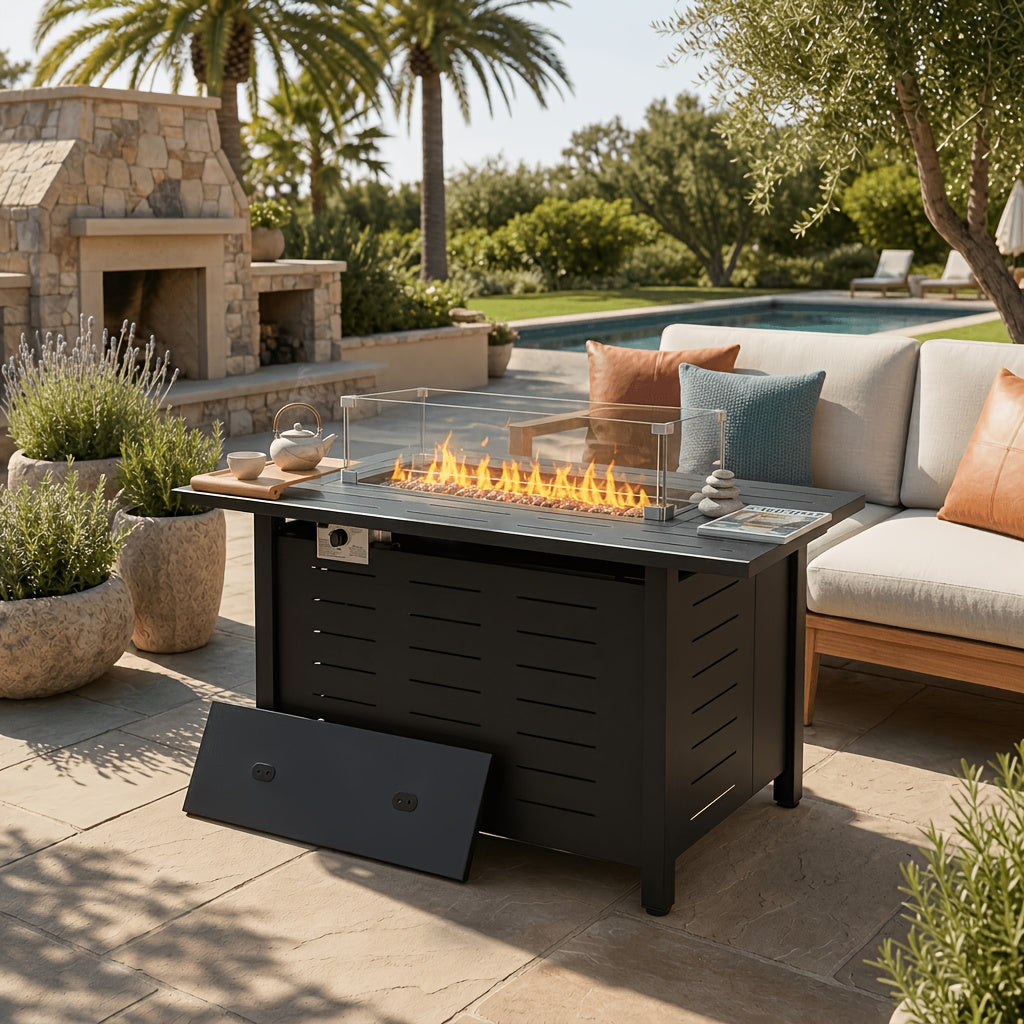 40 44in 50000 BTU Propane Fire Pit Outdoor - Rectangular Steel Gas Fire Table with Lid | Waterproof Cover Metal Black Firepit for Patio, Backyard, Deck (Black/Brown)