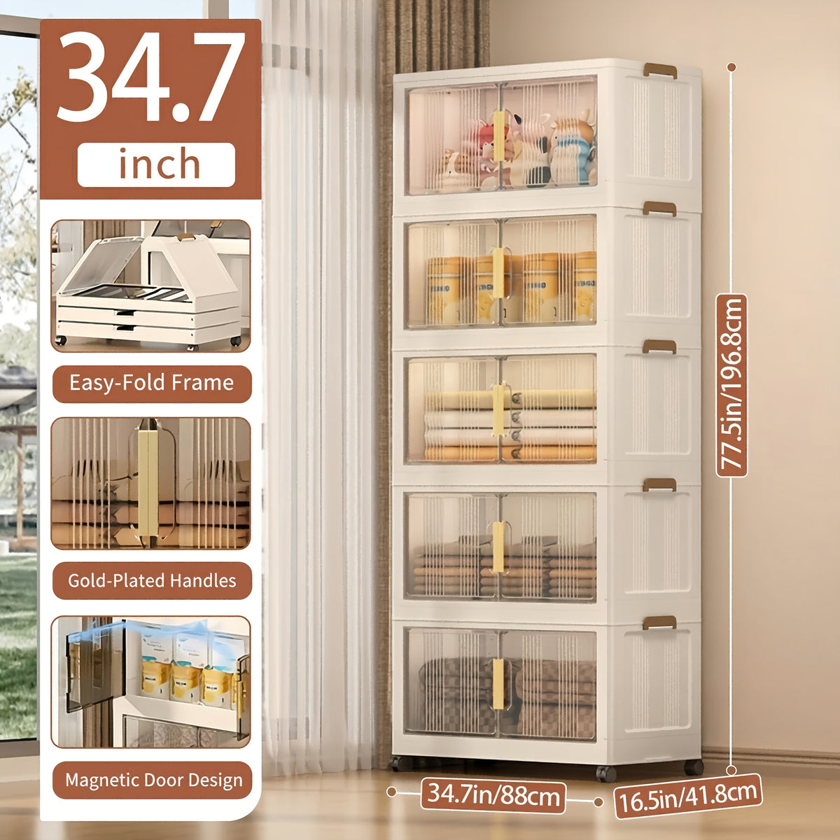 3/4/5-Tier Extra Large 34.7 Inch Plastic Storage Cabinet - Stackable Bins with Doors & Wheels, Foldable Space-Saving Organizer for Bedroom, Living Room, Kitchen, Office, Bathroom, Dorm, Home, And Outdoor Use