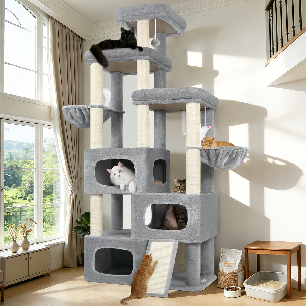 A Robust 85-Inch Cat Tree Designed for Larger Felines, Featuring a Spacious Condo, Sisal Scratching Post, Ramp, And Perch, Suitable for Cats Over 20 Lbs. Ideal for Homes with Multiple Cats, Including Maine Coons