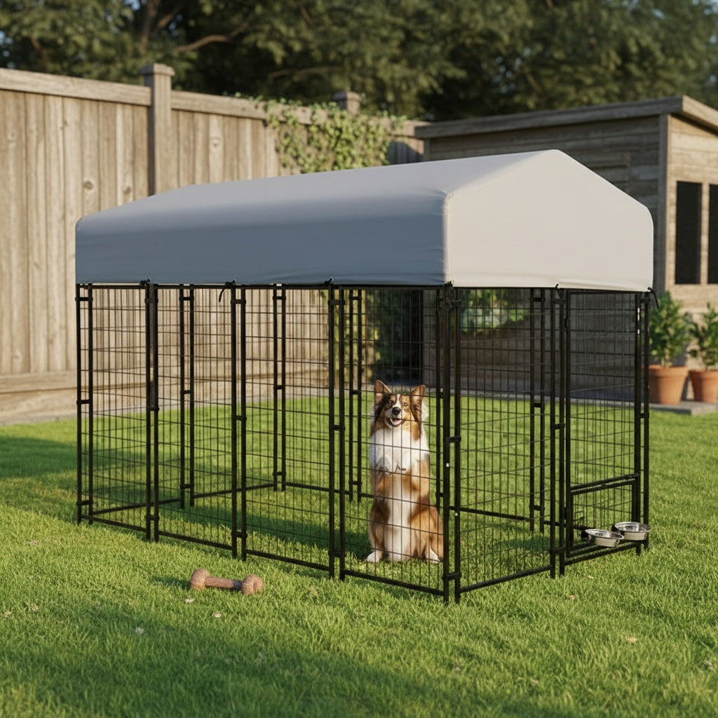 8x4x6 FT Outdoor Dog Kennel With Roof, Heavy Duty Dog Cage For Large Dogs, Outside Dog Enclosure With 2 Rotating Dog Bowls, Welded Wire Steel Dog Run Playpen Fence With Secure Lock