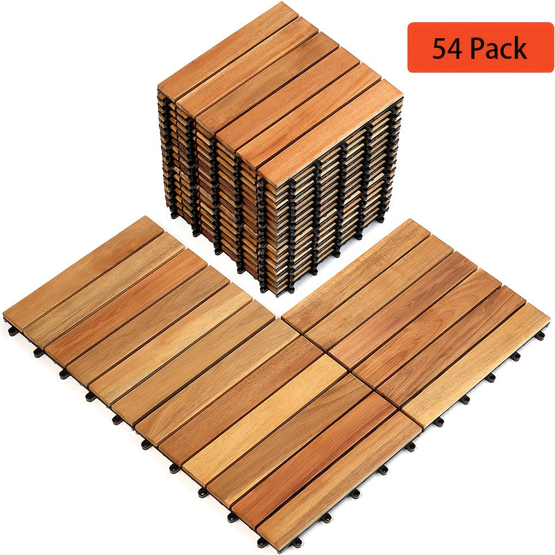 Deck Tiles for Outdoor Patios and Balconies, 54-Piece Acacia Wood Flooring Set for Easy Surface Updates