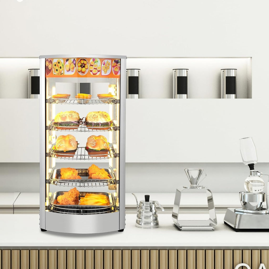 5-Tier Food Warmer Pizza Warmer Countertop, Food Warmer Display Pretzel Warmer with LED Lighting Removable Shelves Glass Door, Pastry Display Case for Buffet Restaurant Cafe, 110V 800W